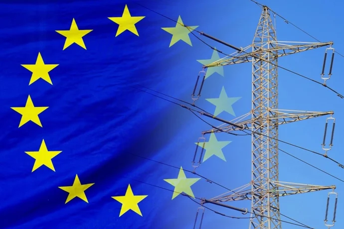 EU-flagga och högspänningsnät med elkablar