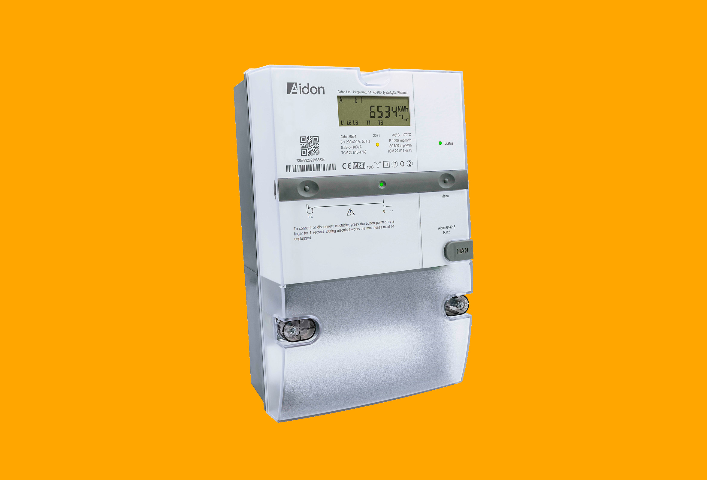 Elmätare av märket Aidon med digital display som visar 6534 kWh.