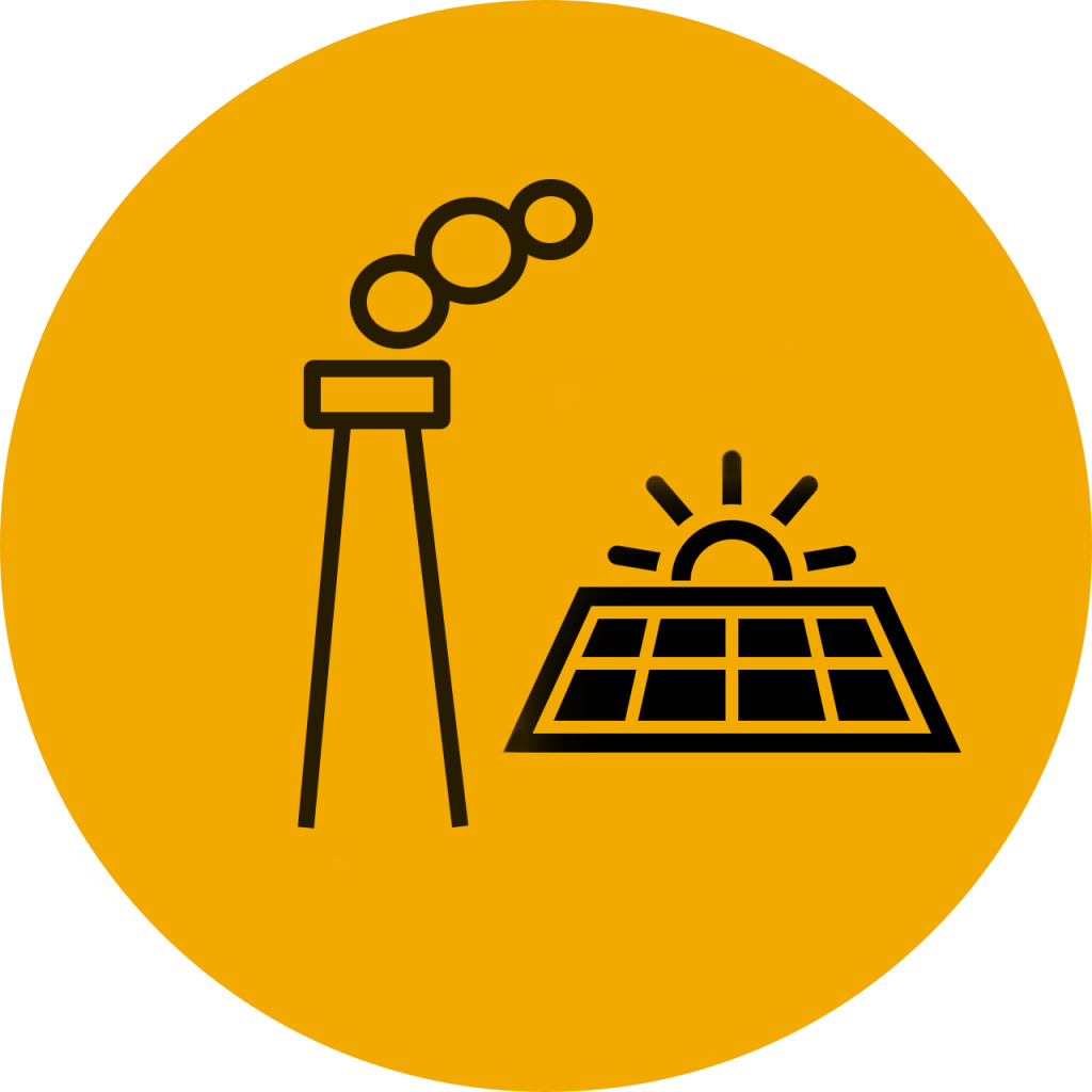 Två enkla svarta ikoner, en kraftvärmeverk och en solceller samt en sol som strålar (=ger energi). Ska illustrera vår elproduktion.
