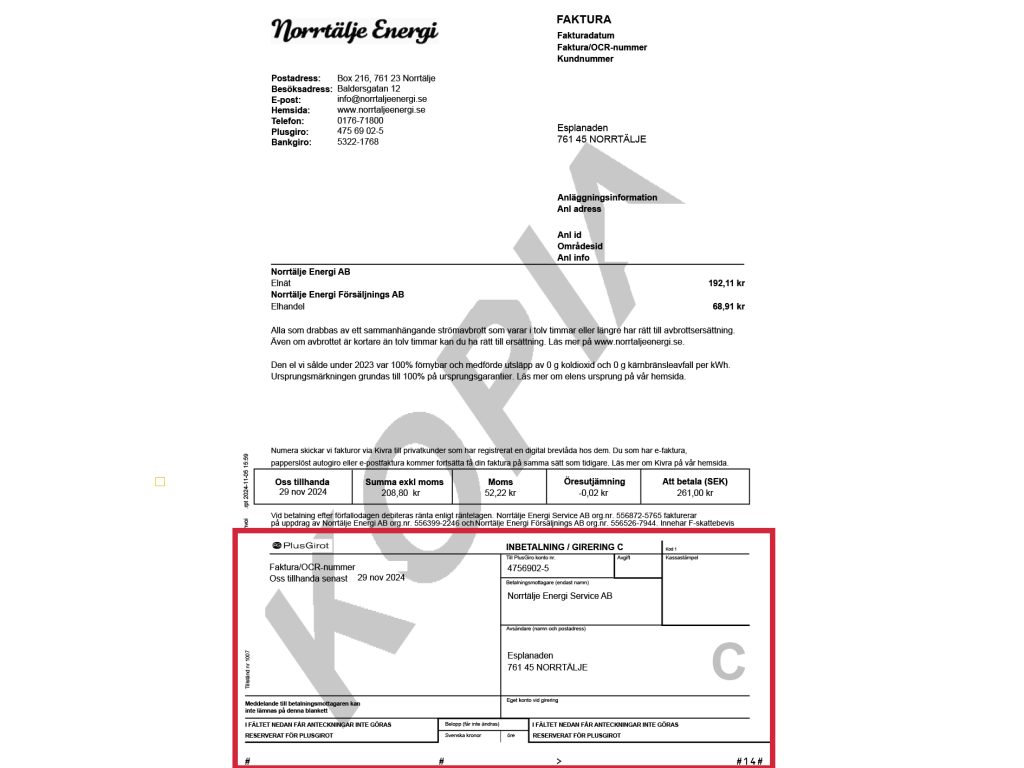 Bild på en faktura från Norrtälje Energi. Fakturan innehåller information om fakturadatum, kundnummer och belopp att betala.