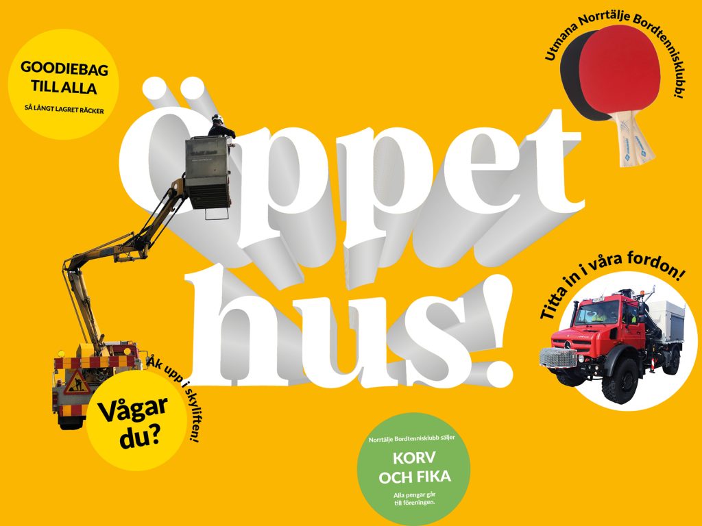 Affisch i färgstark design för Norrtälje Energis öppet hus-evenemang den 10 maj kl. 10–13. Texten "Öppet hus!" står i stora vita bokstäver mot gul bakgrund.