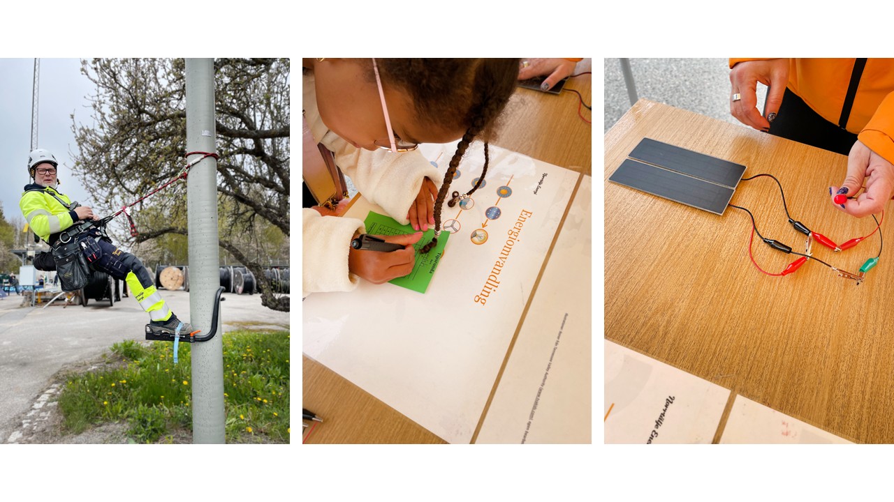 Alt-text: En montör i arbetsutrustning hänger säkert fastsatt i en stolpe och visar hur man arbetar på höjd. Alt-text: En flicka fyller i ett tipsrundekort med hjälp av en affisch som visar energiomvandlingens steg. Alt-text: Ett par händer demonstrerar ett experiment med solceller, kablar och en liten lampa vid ett informationsbord.