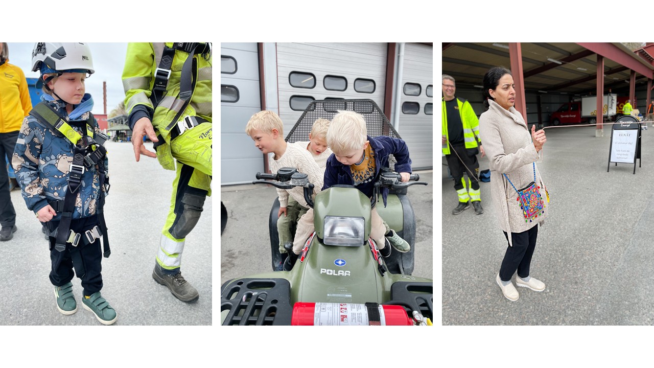 Alt-text: Ett barn med hjälm och säkerhetssele förbereds av en elmontör inför en aktivitet på öppet hus hos Norrtälje Energi. Alt-text: Tre små barn sitter tillsammans på en fyrhjuling och testar styret under en familjevänlig aktivitet. Alt-text: En kvinna håller i en kabel vid ett aktivitetstält. Skylten bakom henne utmanar besökarna att hitta nedgrävda kablar.