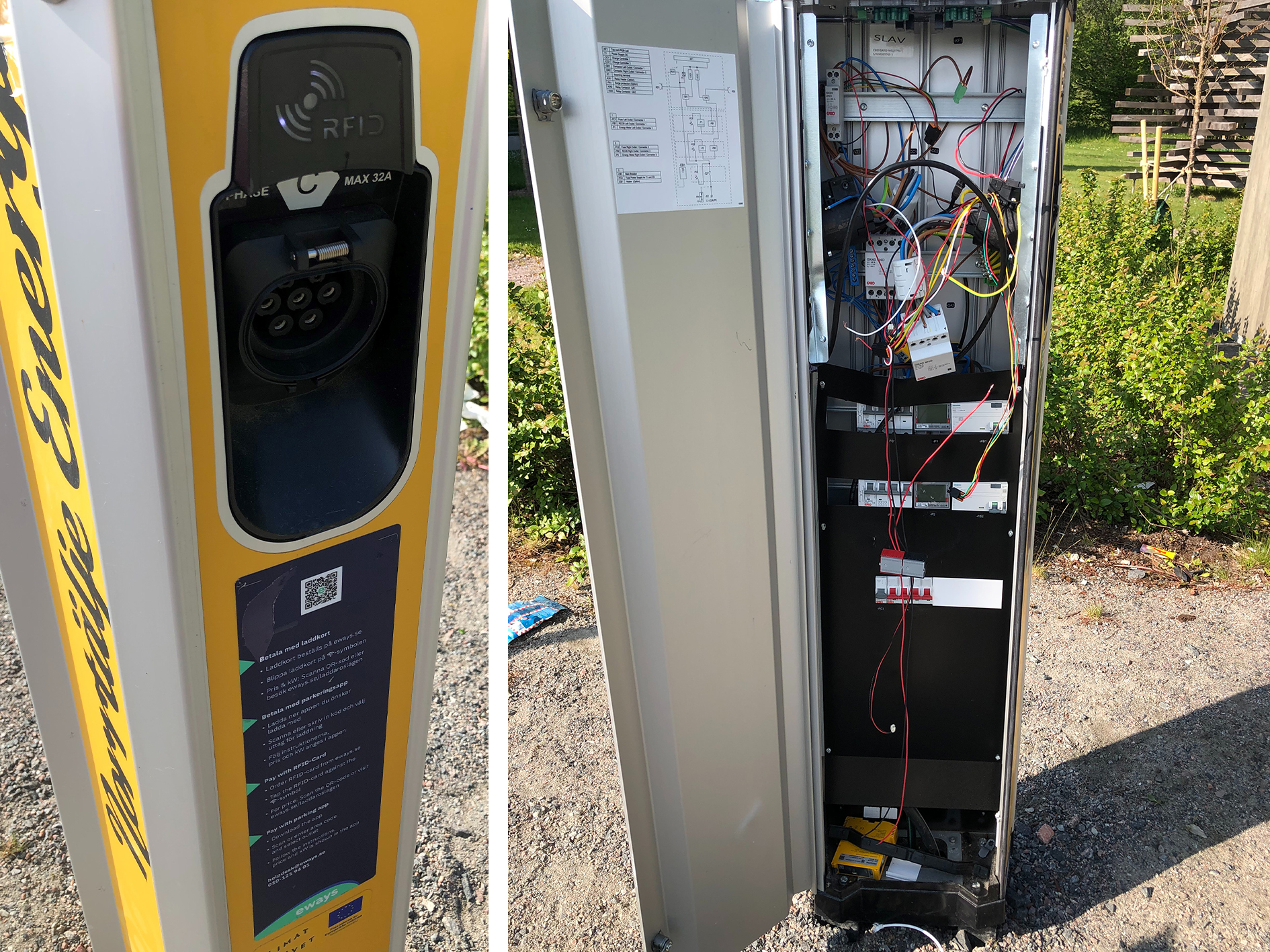 Två foton av en elbilsladdstolpe. Till vänster syns framsidan av laddstolpen med uttag, RFID-läsare och en informationsetikett där det står "MAX 32A". Till höger syns laddstolpens insida med öppen dörr, där elkomponenter, kablar och säkringar är exponerade. Bilden visar stolpens tekniska uppbyggnad och potentiala elsäkerhetsrisker vid obehörig åtkomst.