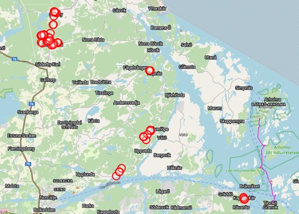 Karta över Norrtälje kommun med röda markeringar för pågående arbeten.