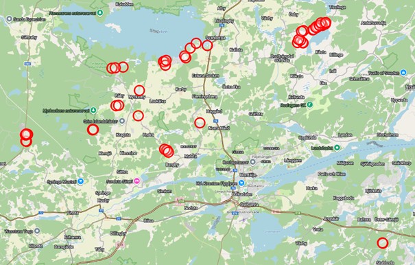 Karta över Norrtälje kommun med röda markeringar för pågående arbeten.