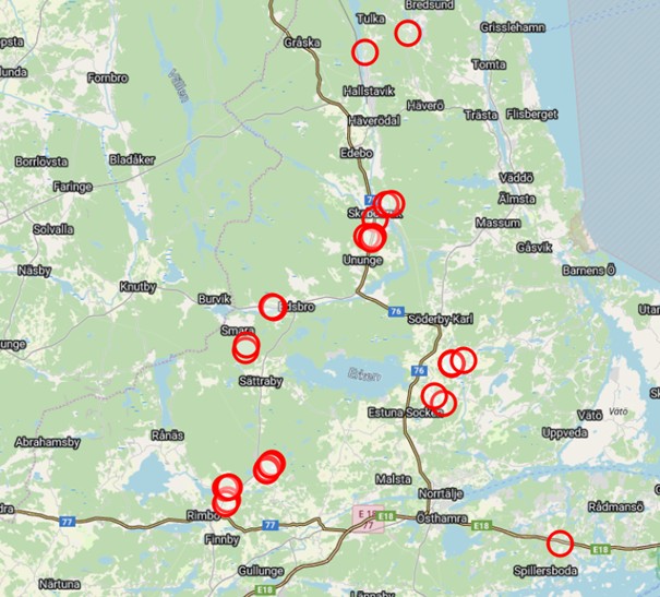 Karta över Norrtälje kommun med röda markeringar för pågående arbeten.