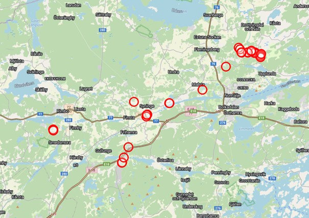 Karta över Norrtälje kommun med röda markeringar för pågående arbeten.