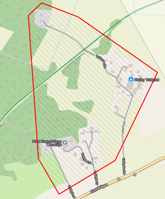 Karta över område markerat med röd linje i Smedsmora.