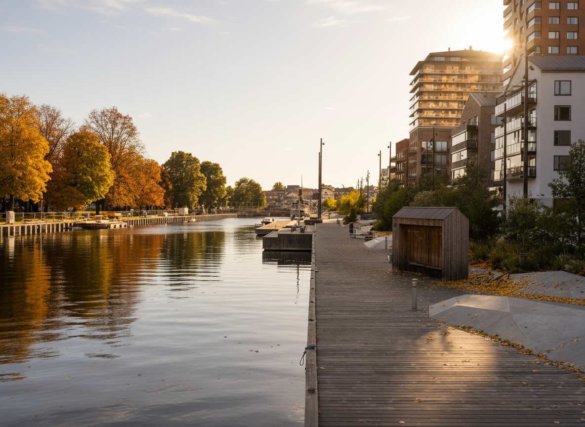 Solbelyst kaj i Norrtälje med träd i höstfärger och stilla vatten.