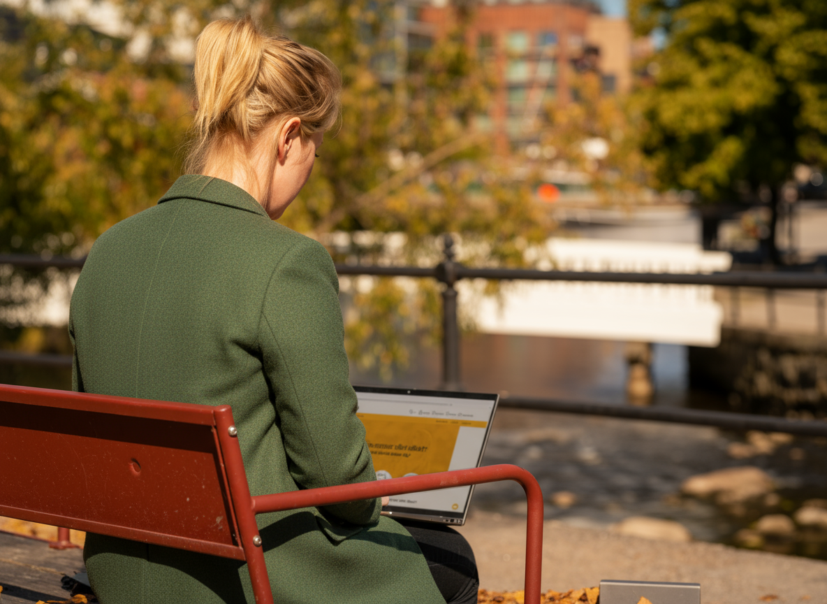 Person i grön kappa sitter på bänk vid vattnet och arbetar vid en laptop en höstdag.