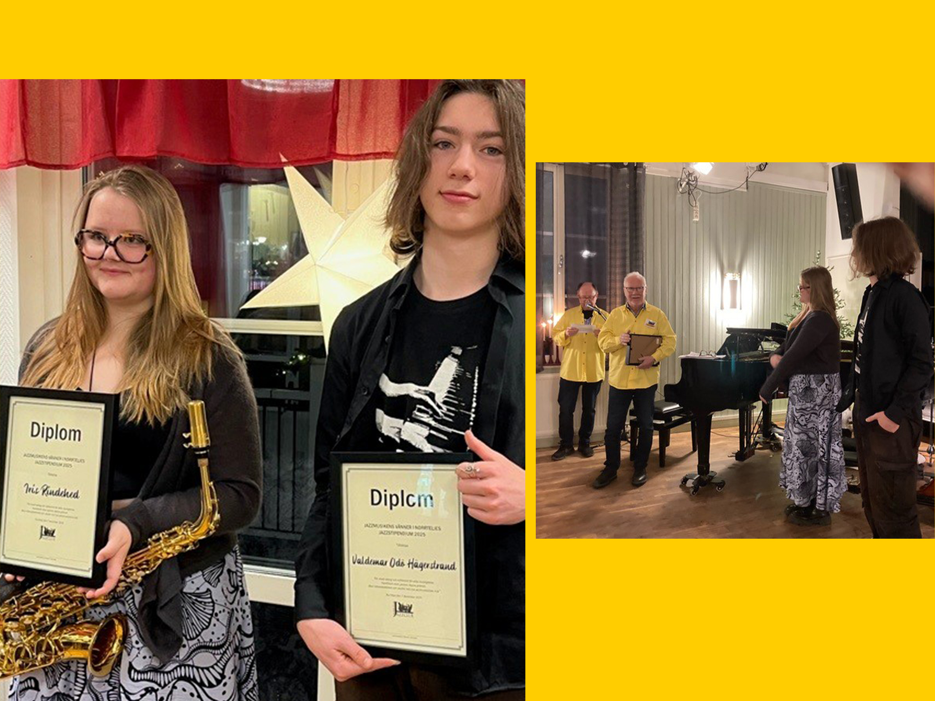 Iris och Valdemar håller diplom, med saxofon och jury i bakgrunden vid prisutdelning.