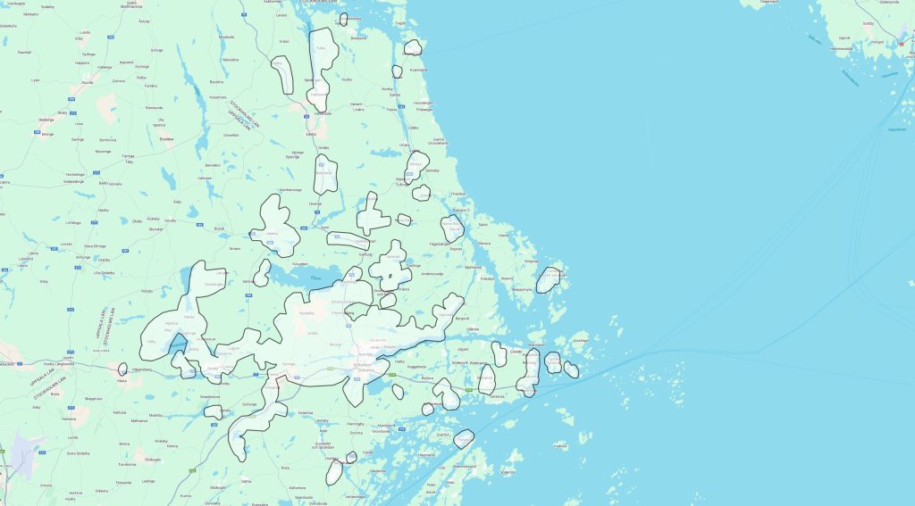 Karta som visar kust och skärgård i norra Stockholms län med öar.