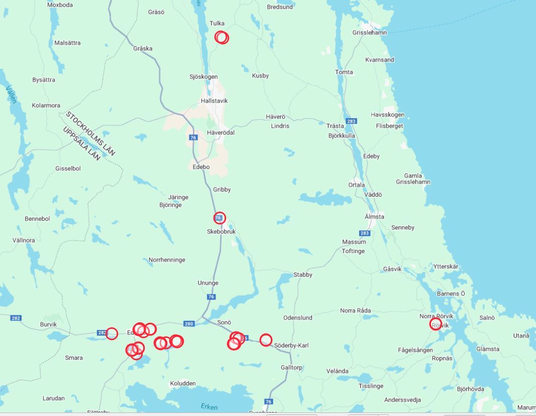 Karta över Norrtälje med flera platser markerade med röda cirklar.