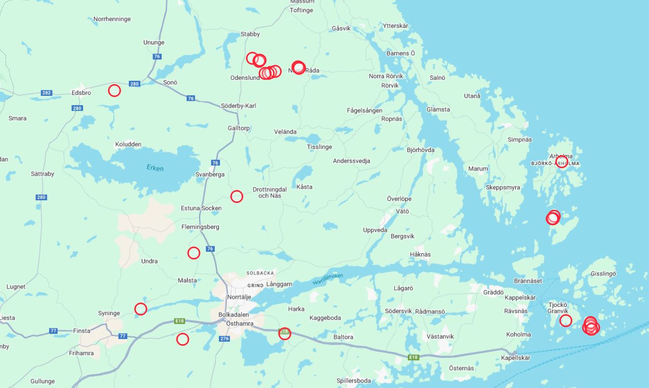 Karta över Norrtälje kommun med flera platser markerade i rött.