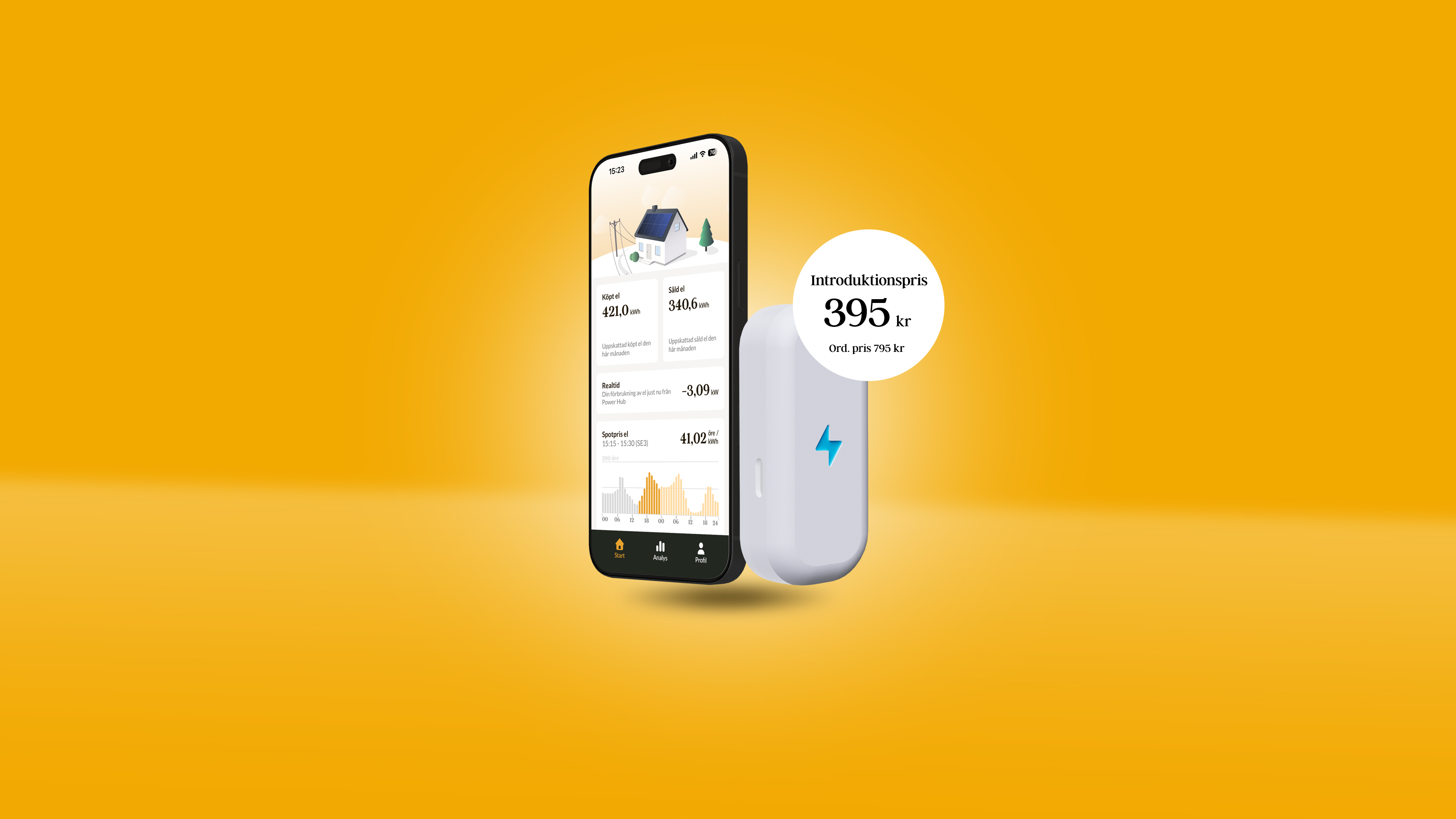 Mobil och enhet med blixtsymbol samt pris i kronor.