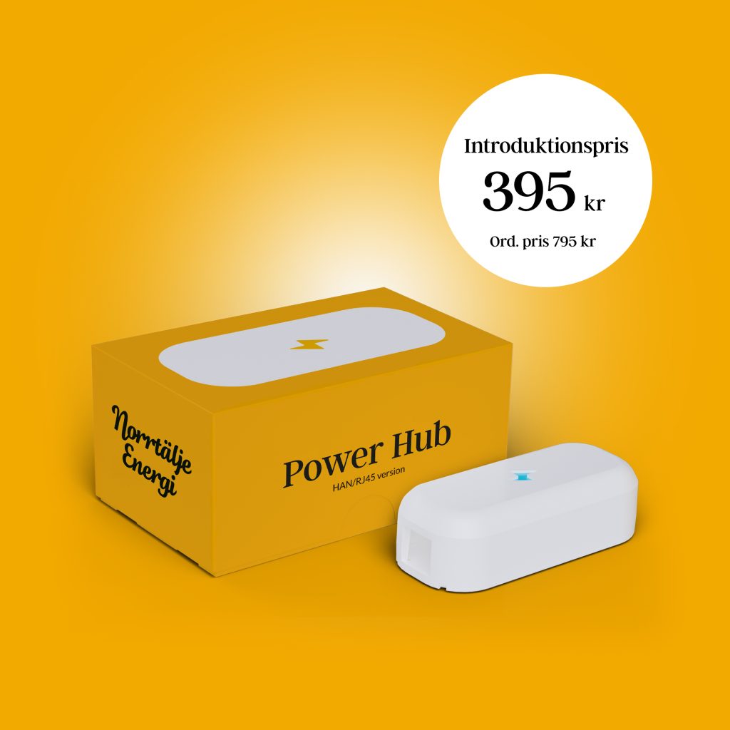 Förpackning och enhet Power Hub med blixtsymbol.