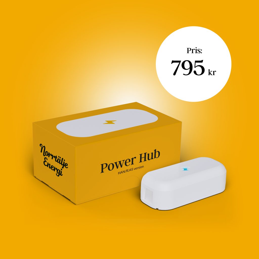 Förpackning och enhet Power Hub med blixtsymbol.