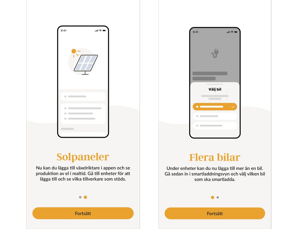 Två mobilskärmar som visar nya funktioner i appen: solproduktion från solpaneler och möjlighet att lägga till flera bilar i Smartladdning.